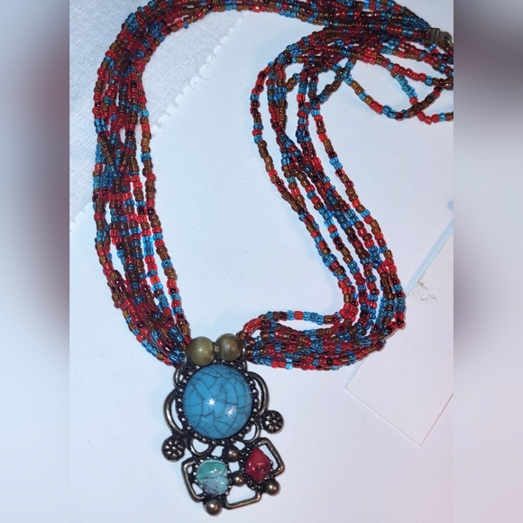 Multi-strand Turquoise & Red Beaded Necklace - Picture 6 of 7